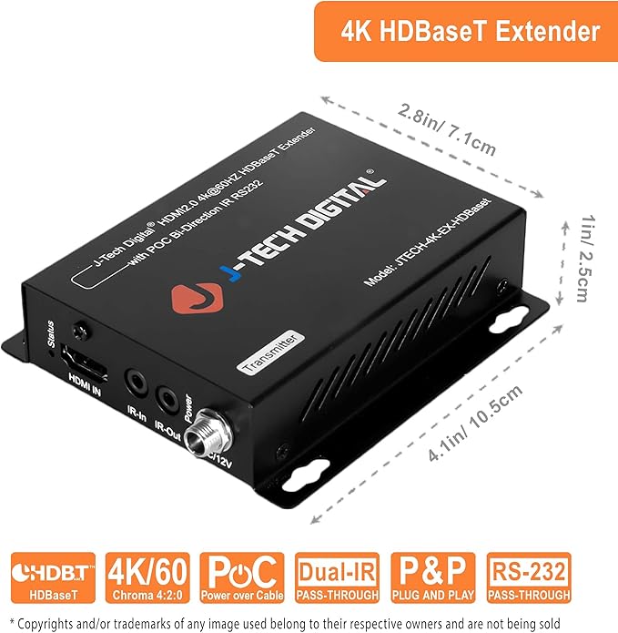 J-Tech Digital 4K HDBaseT HDMI Extender Over Cat5e/6 Ethernet up to 230ft 130ft - Image 2