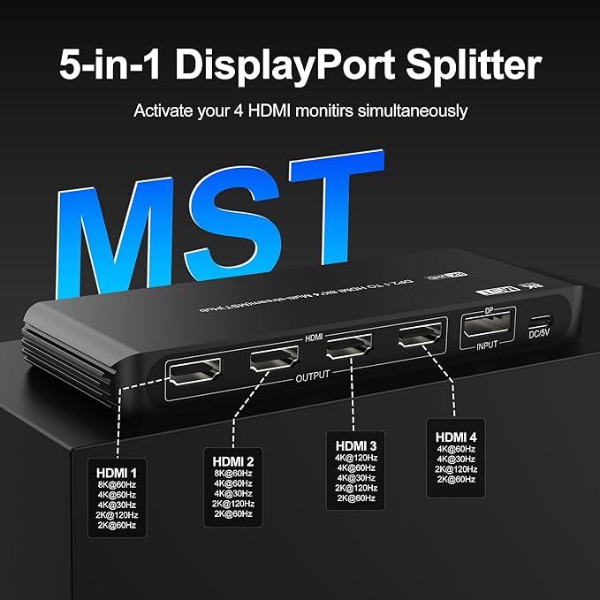 DisplayPort to HDMI Splitter for 4 Monitors, 8K@60Hz HDMI Splitter Extended - Image 4