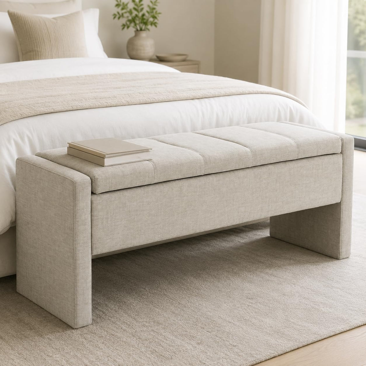 47.25 inch storage ottoman bench, linen upholstered, light, main product view