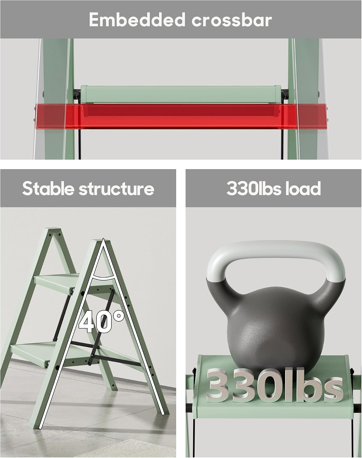 HillhutApex Aluminum Step Stool Foldable,2 Step Ladder (Pale Green) | Lightweight Portable step ladder with Anti-Slip Wide Pedal,330lbs Capacity Ladder for Household,Office,Kitchen