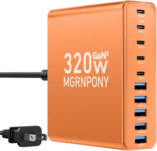 320W USB C Charger Block, 10-Port USB C Charging Station GaN III PD 65W Laptop