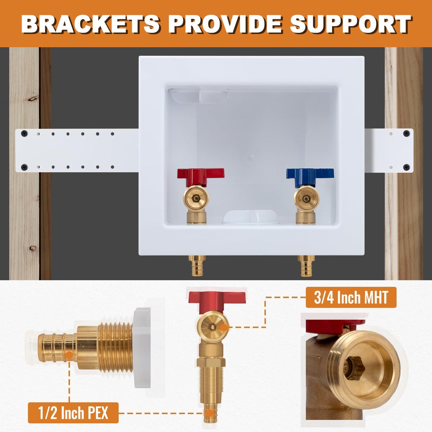 Pex Washing Machine Outlet Box with Center Drain, Laundry Washer Valve Box, 1/2 Inch Pex Crimp Inlet x 3/4 Inch MHT Outlet，with 4 Crimp Rings