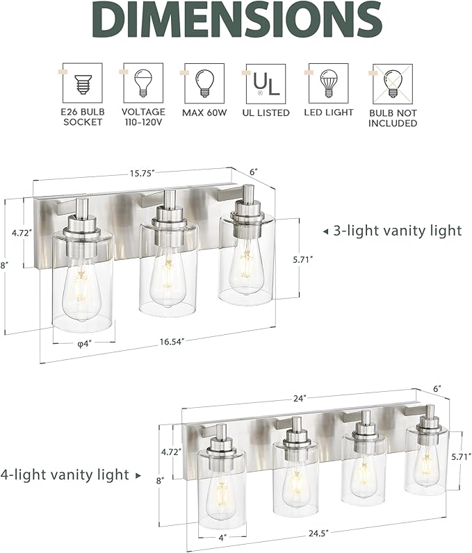 METWET 3-Light Bathroom Light Fixtures, Brushed Nickel Vanity Light - Image 3