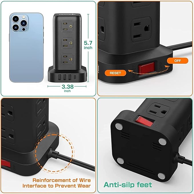Extension Cord with Multiple Outlets, Surge Protector Power Strip Tower - Image 5
