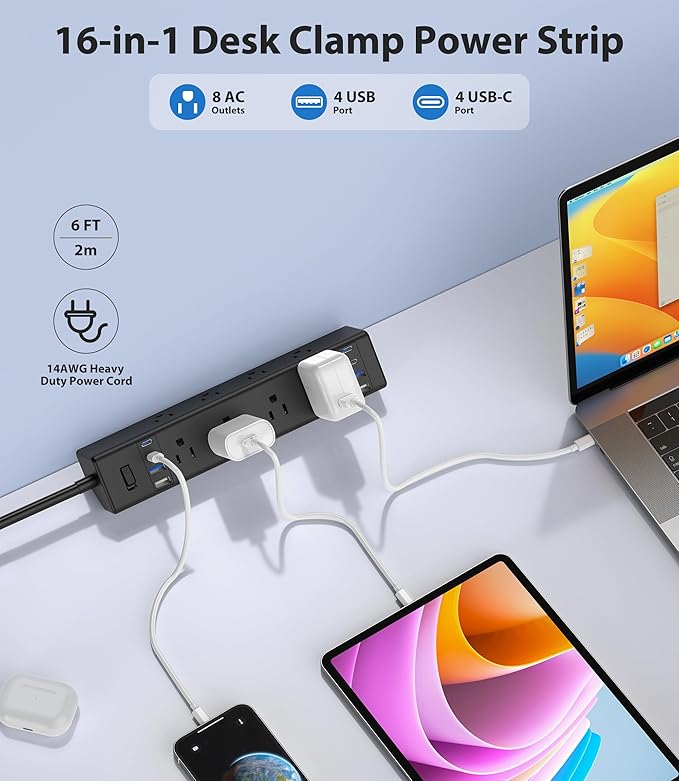 40W Fast Charging Station, Desk Clamp Power Strip 20W USB C, 8 Outlets - Image 2