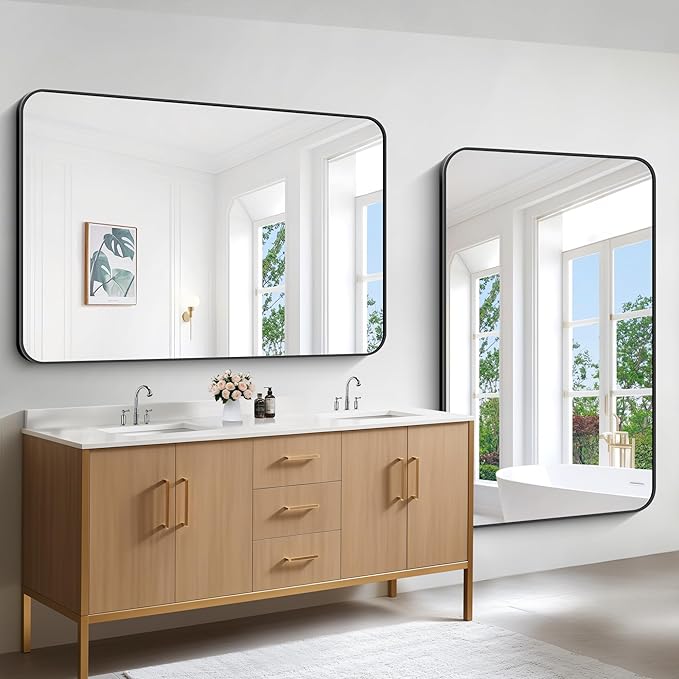 Bathroom Mirror, 55 x 36 inch Black Rectangle Wall Mirror, Metal Frame Rounded - Image 5