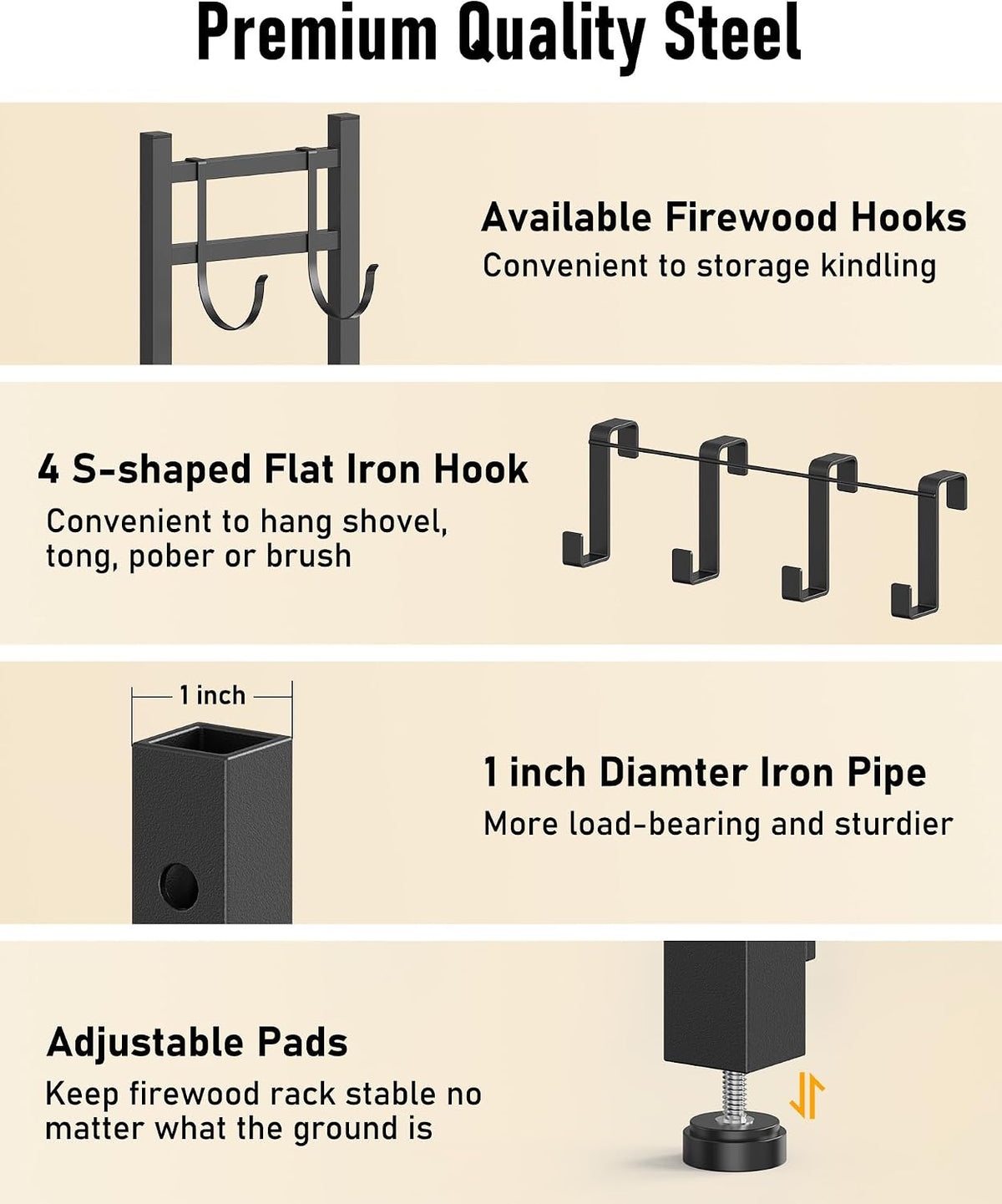 brightown 34 inch firewood rack indoor with log, side view