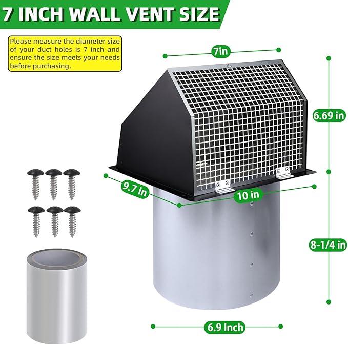 7Inch Wall Vent with Screen and Damper, Galvanized Steel Hooded Wall Vent Cover - Image 2