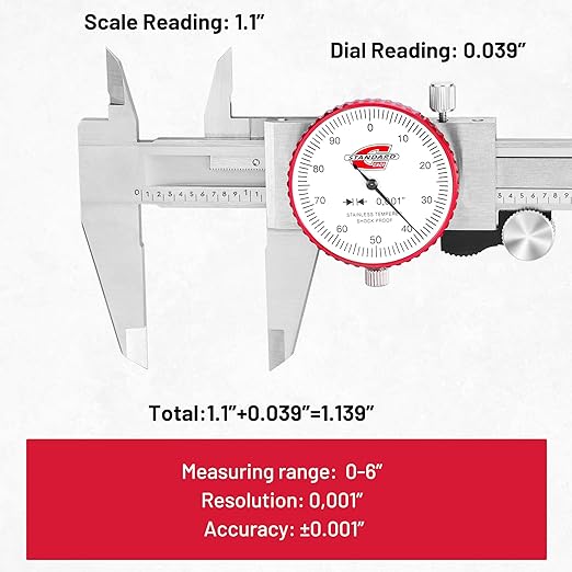 Standard Gage 0-6" Range SAE Dial Caliper Measuring Tool, Analog Precision - Image 3