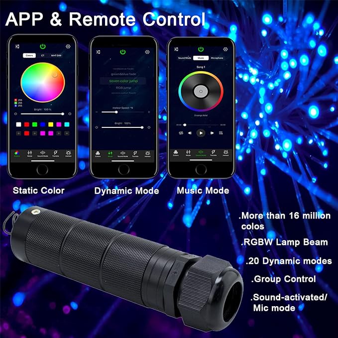 AZIMOM Car Use Bluetooth 6W RGBW LED Fiber Optic Lights Star Ceiling Light Kit - Image 2