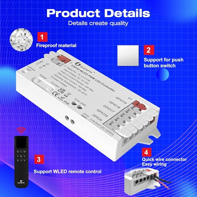 ESP32 PWM WLED LED Controller 5 Modes in 1 DC 12-24V WiFi Wireless App Control - Image 2