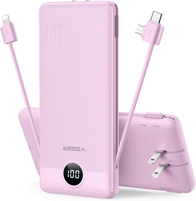 VEGER Portable Charger for iPhone Built in Cables and Wall Plug, 10000mah Slim by VEGER
