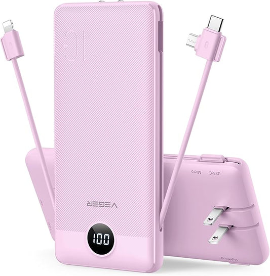 VEGER Portable Charger for iPhone Built in Cables and Wall Plug, 10000mah Slim by VEGER