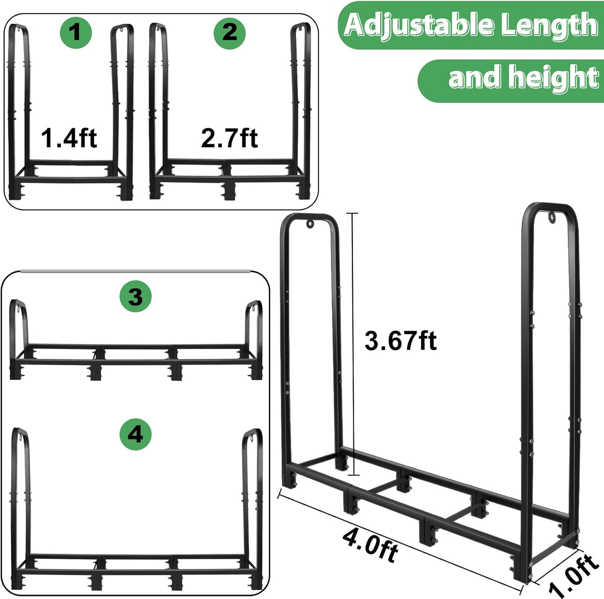 connoo 4ft firewood rack stand heavy duty firewood, side view