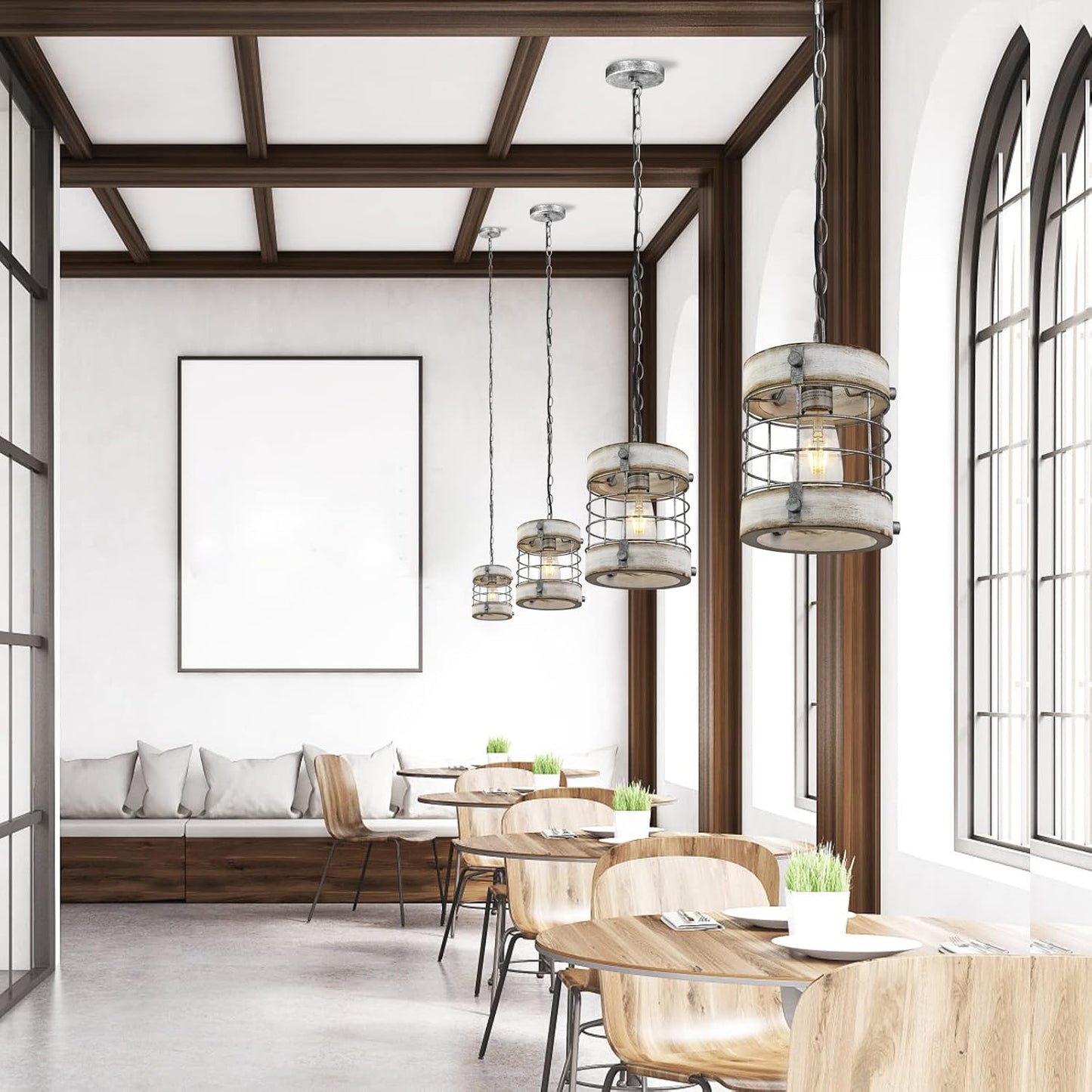 Retro Industrial Metal and Wood Chandelier 1-Light Round Cage Pendant Light Fixture for Kitchen Island Foyer Hallway Bar Dining Room Restaurant, D 7.9" x H 8.7" (White)