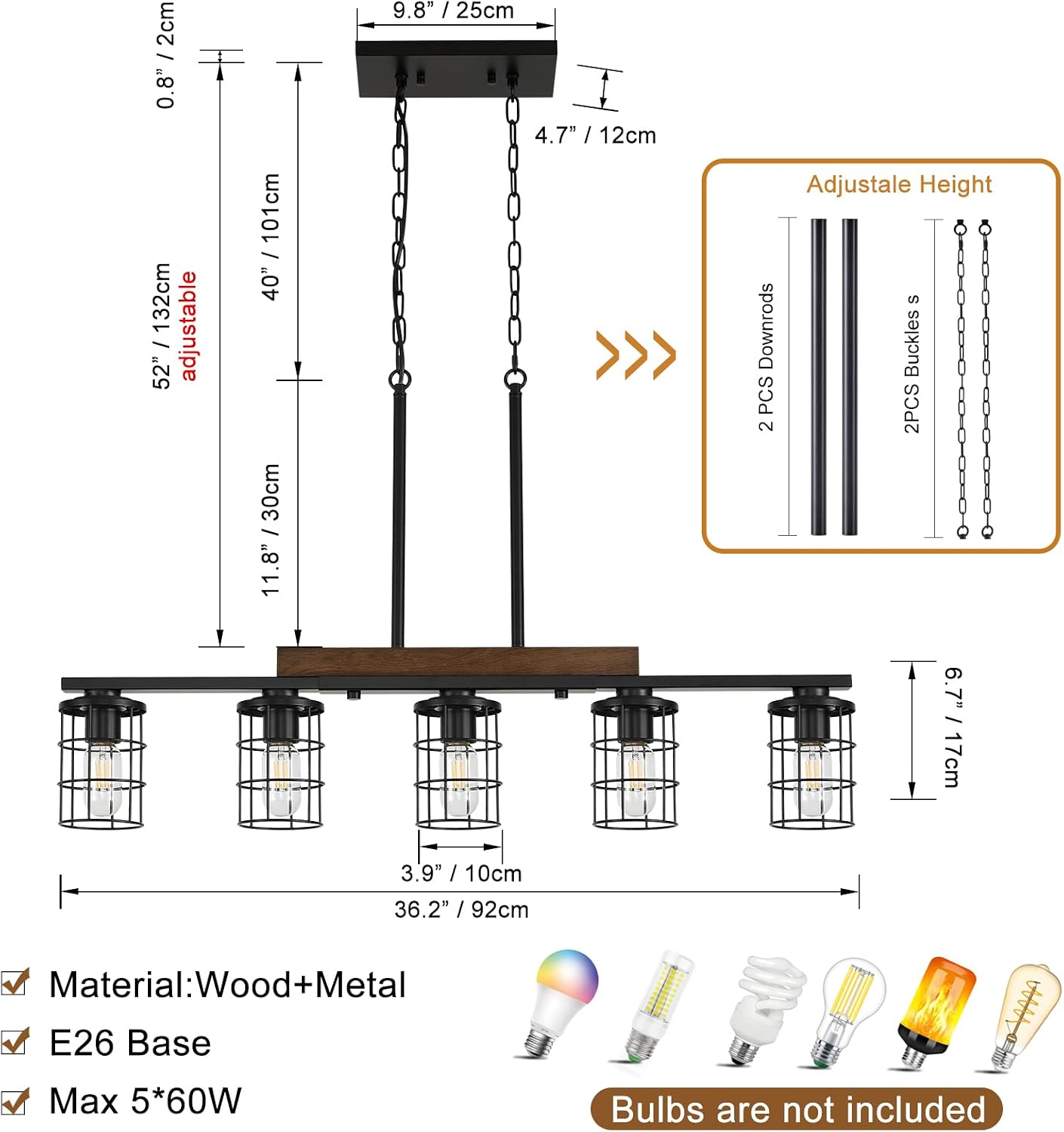LmnLvn 5-Light Farmhouse Kitchen Light Fixture, Rustic Wood & Metal Cage | Black Hanging Kitchen Chandelier,Adjustable Hanging Height,Ideal Pendant Light over dining table and kitchen island