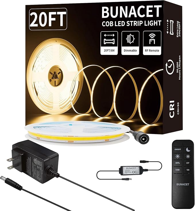 BUNACET COB LED Strip Lights, Bright COB LED Lights 20ft LED 3000K Cool White by BUNACET