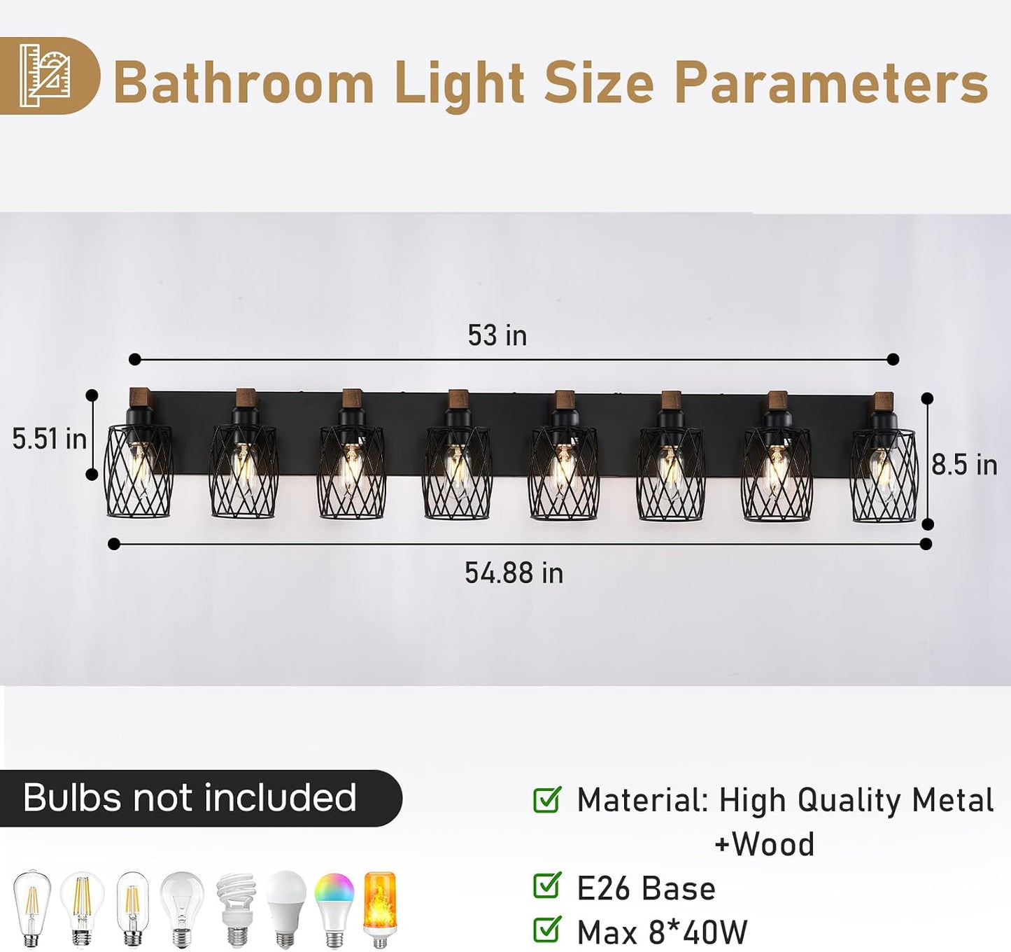 RVONOW 8-Light Farmhouse Bathroom Light Fixtures with Metal Shade | Rustic Bathroom Vanity Light with E26 Base for Bedroom Living Room Hallway, Black