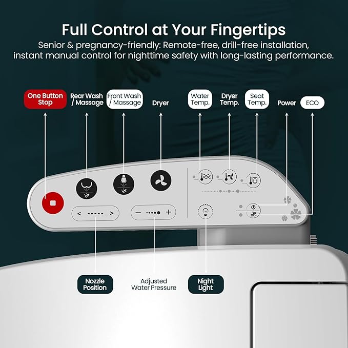 R&T V2601 Electric Bidet Seat For Elongated Toilet, Smart Toilet Seat - Image 3