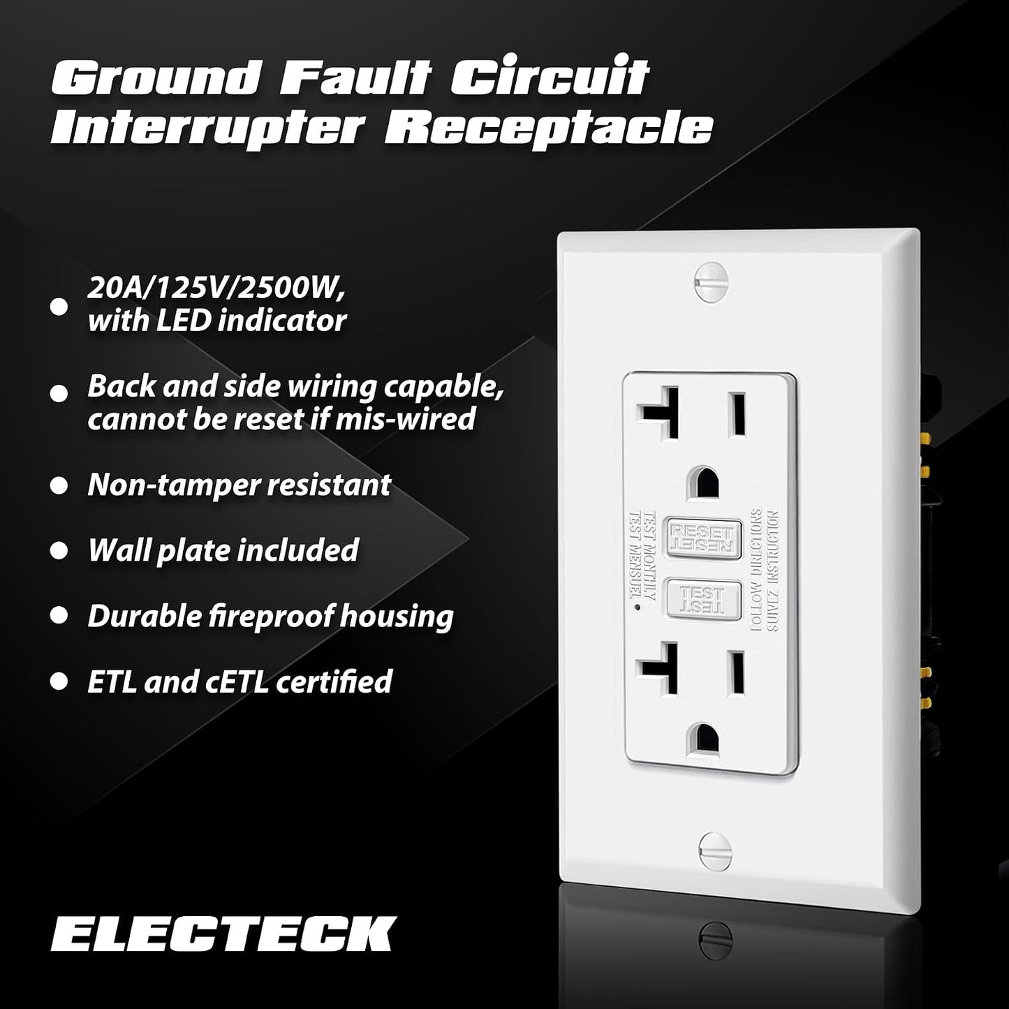 ELECTECK 10 Pack GFCI Outlets 20 Amp, NTR GFI Receptacle, ETL Listed, White | Ultra Slim Design, 20a Non-Tamper Resistant with LED Indicator, Ground Fault Circuit Interrupter, Wallplate Included
