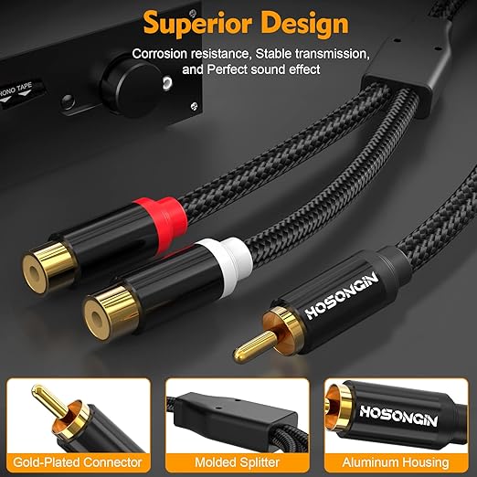 HOSONGIN RCA Splitter 1 Male 2 Female Audio Cable, 24K Gold-Plated Plug - Image 4