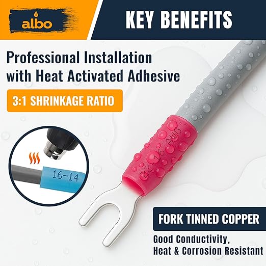 200PCS Red Heat Shrink Fork Spade Connectors #10 – 22-16 AWG Tinned Copper - Image 4