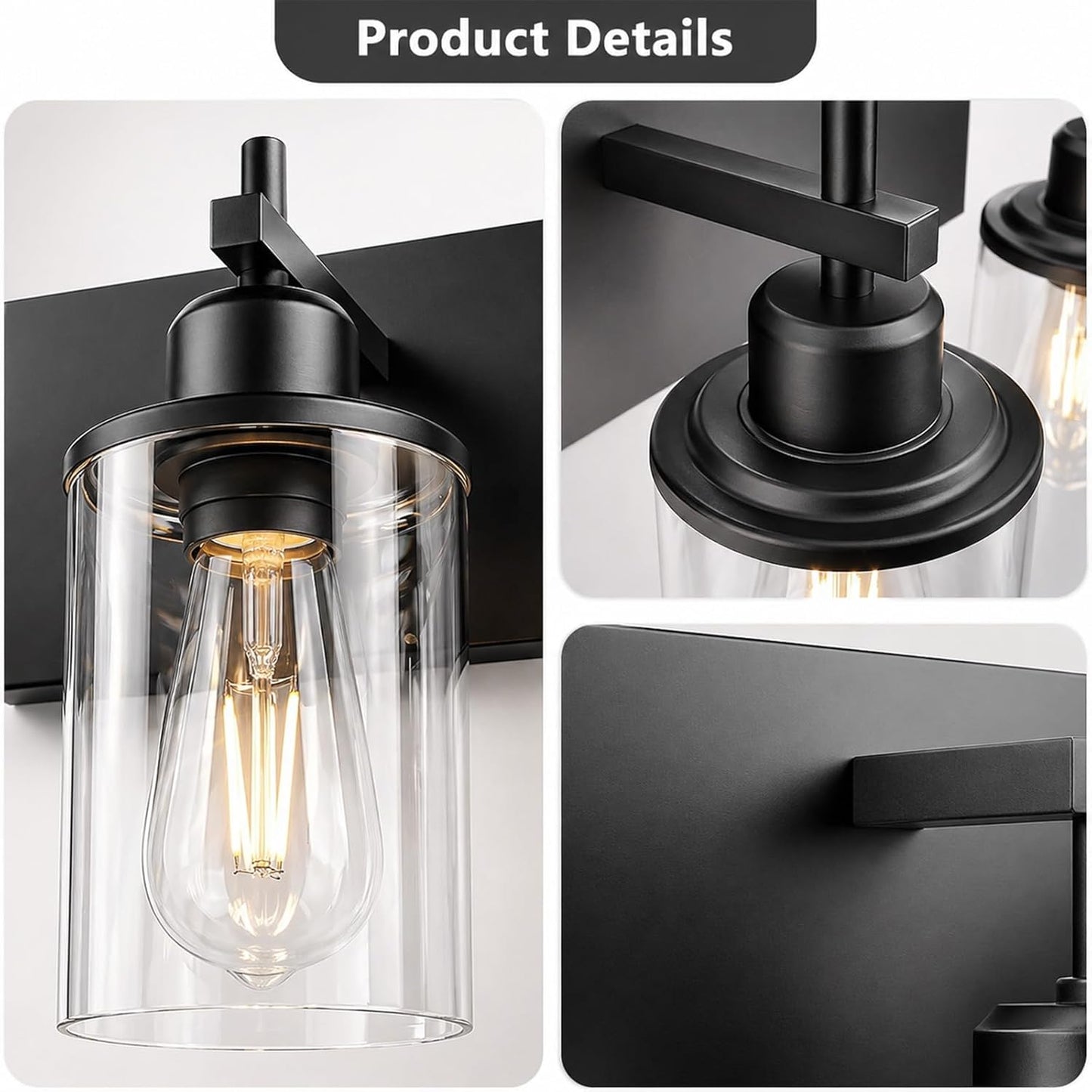 Lanhall 3-Light Black Bathroom Light Fixture Over Mirror Modern Farmhouse Bathroom Vanity Light Vintage Wall Lighting with Clear Glass Shade for Bathroom, Bedroom, Hallway, Cabinet
