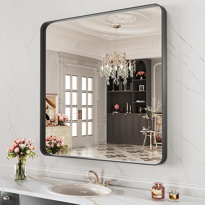 LOAAO 32X32 Inch Black Metal Framed Bathroom Mirror - Image 3