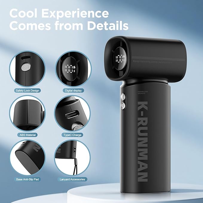 K-RUNMAN Portable Handheld Turbo Fan, 5 Gear Wind, Battery Operated, LED Display - Image 4