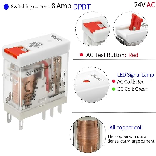 UL Listed 6Pcs 24VAC Relay Electromagnetic Power Relay 8Amp 8Pins DPDT - Image 2