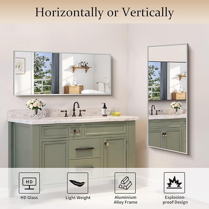 Silver Bathroom Mirror for Wall, 20x48 Inch Rectangle Mirror - Image 4