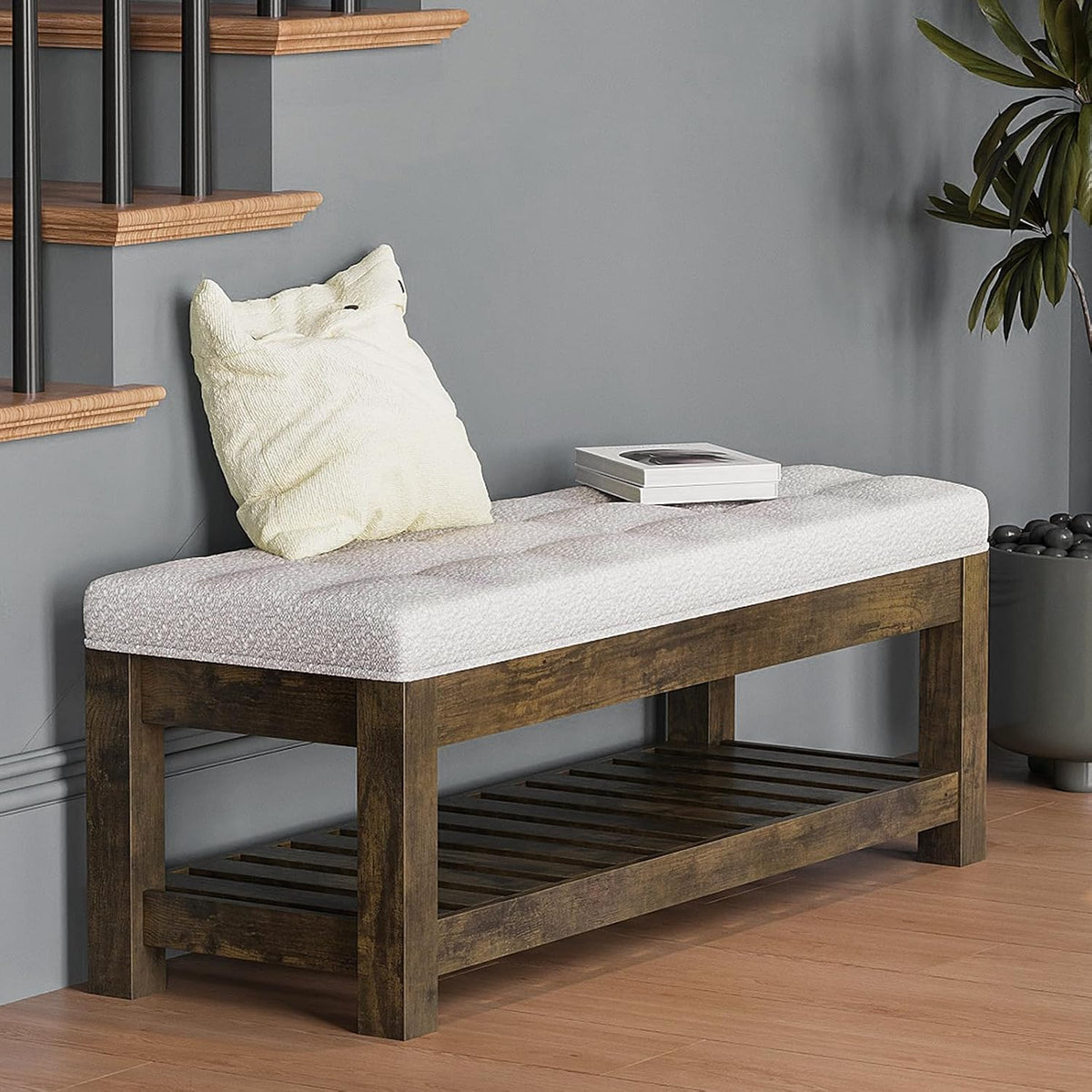 47.2" upholstered ottoman bench with wood storage shelf, front angle view