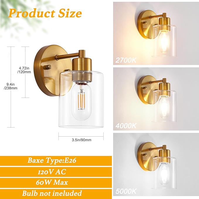 SOPEAS 1-Light Wall Sconce Gold, Vanity Light, Wall Mount Bathroom Mirror - Image 3