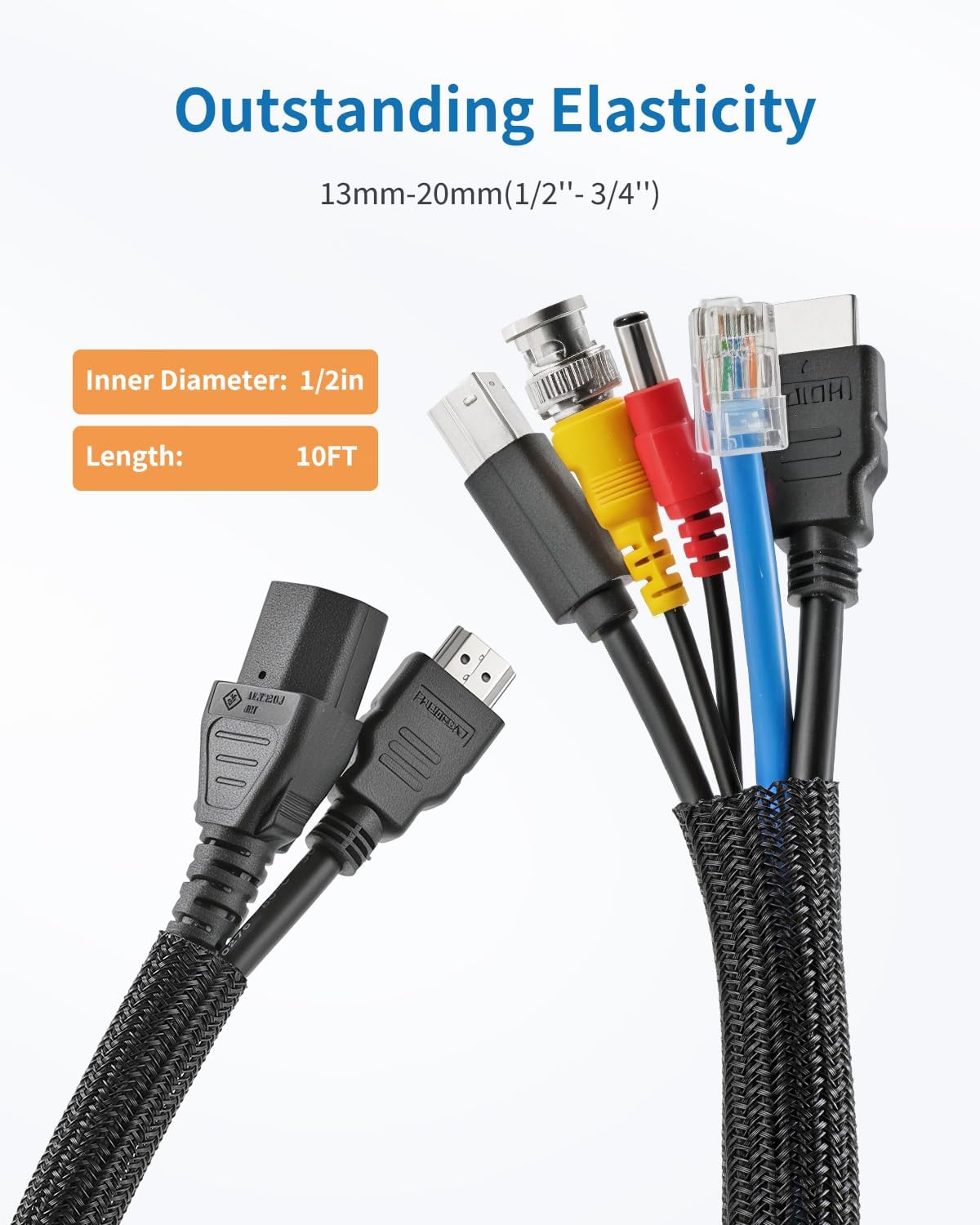 Yecaye 10ft - 1/2 inch Cord Protectors from Pets no Chew, Black | Split Cable Management Sleeves, Wire Loom Tubing for TV USB Cord Protector, Cord Covers for Pets Bite-Resistant