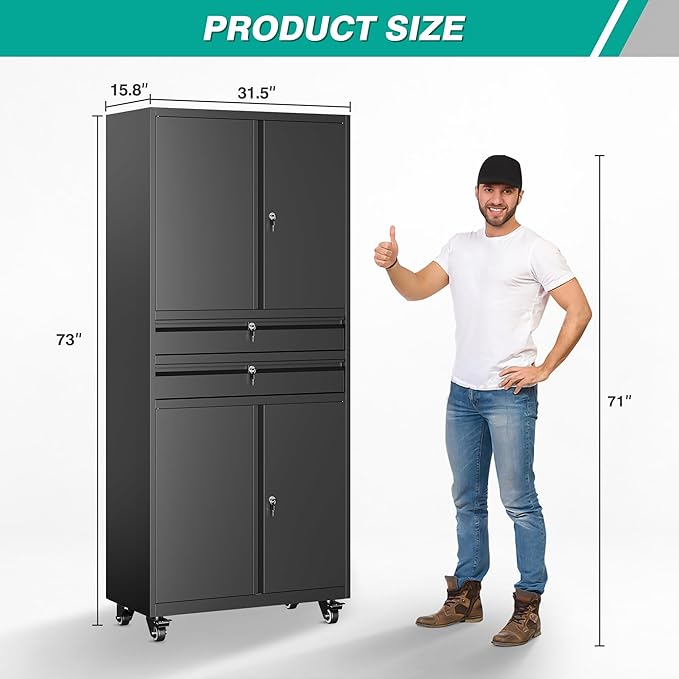 Metal Storage Cabinet with Wheels and Drawers, Rolling Garage Storage Cabinet - Image 2