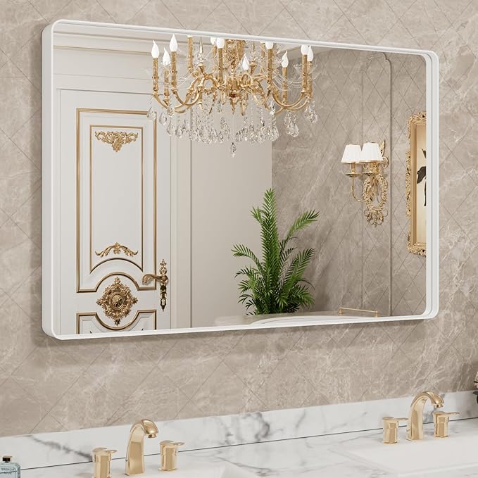 LOAAO 40x30 Inch White Metal Framed Bathroom Mirror by LOAAO