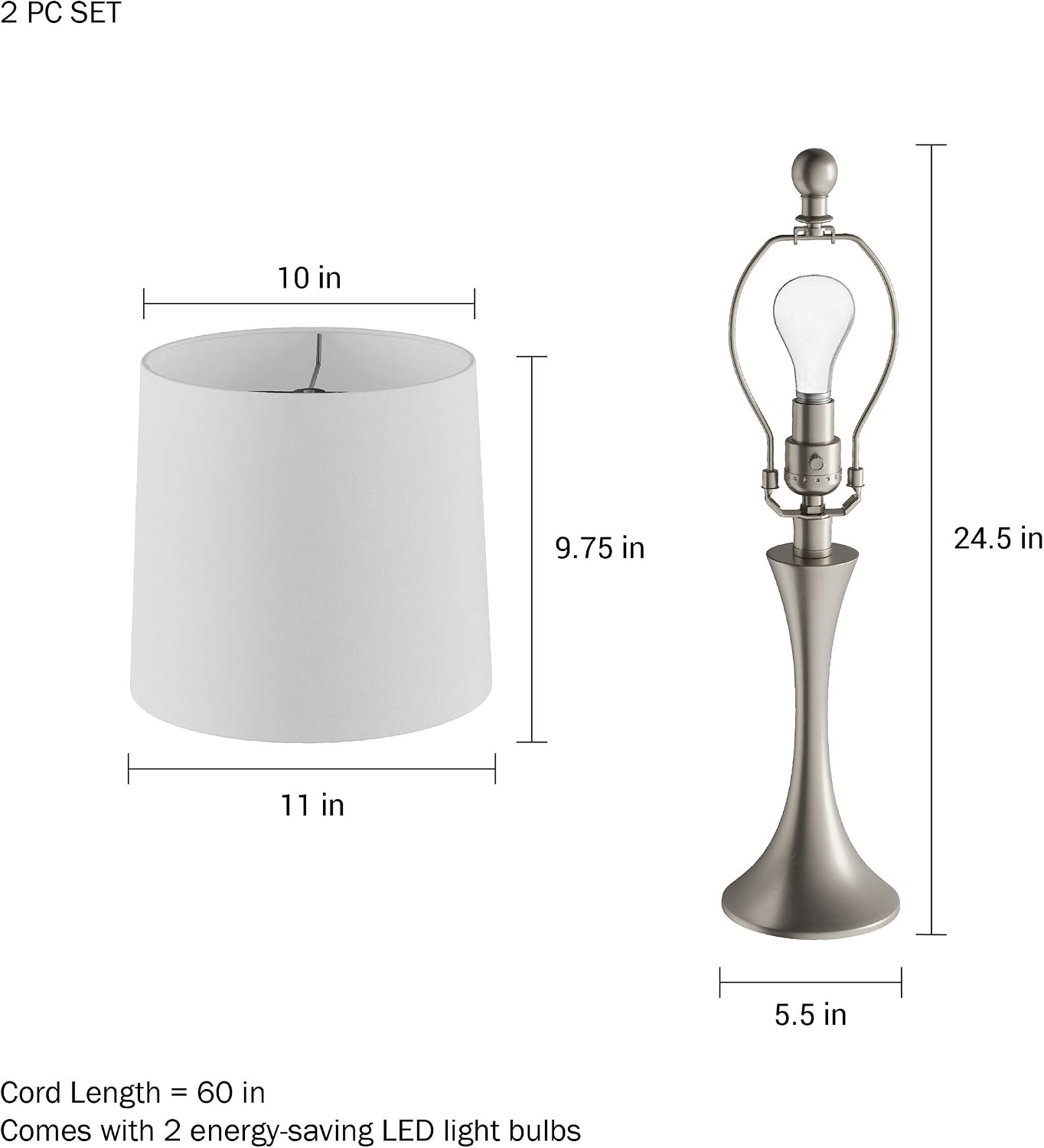 Table Lamps - Set of 2 Mid-Century Modern Lights with Metal Flared Trumpet Base - Includes Energy Efficient LED Light Bulbs by Lavish Home (Silver)