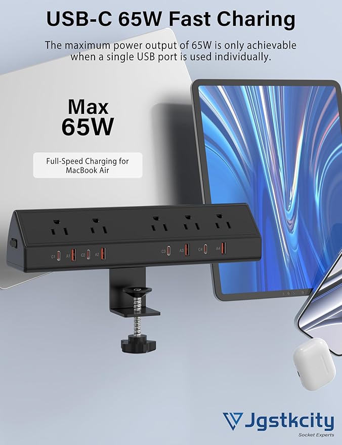 Desk Clamp Power Strip 65W Fast Charging Station, 4 PD USB-C, 5 Outlets - Image 2