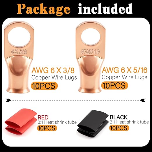 20PCS 6 AWG 5/16 3/8 inch Battery Cable Lugs, 6 Gauge Copper Crimp Connector - Image 2