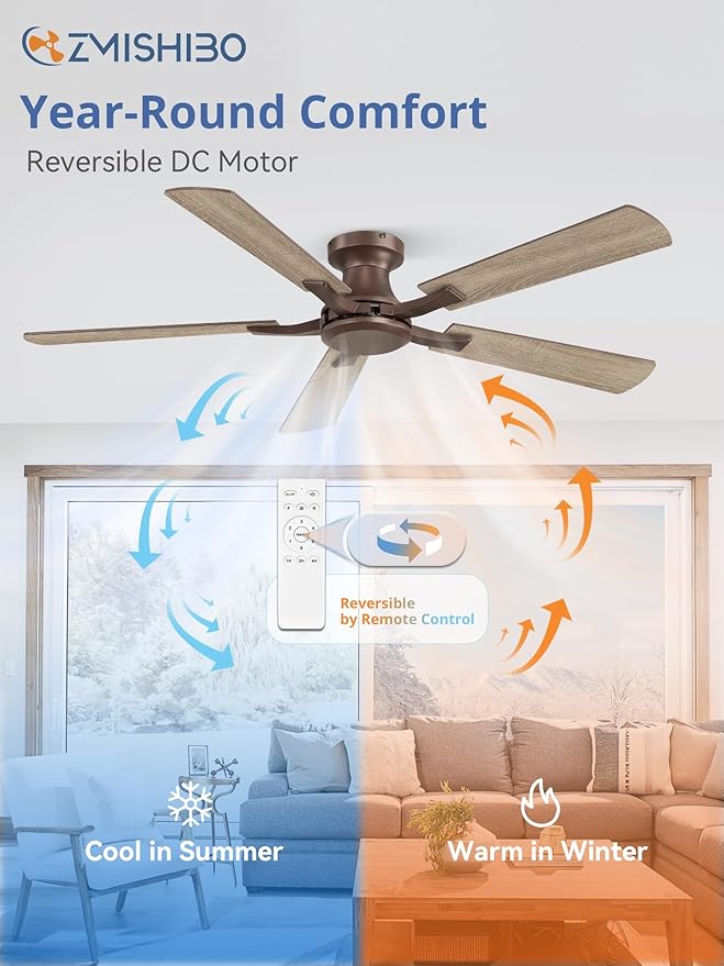 ZMISHIBO 52 Inch Ceiling Fan No Light, Flush Mount Low Profile, Farmhouse Brown - Image 5