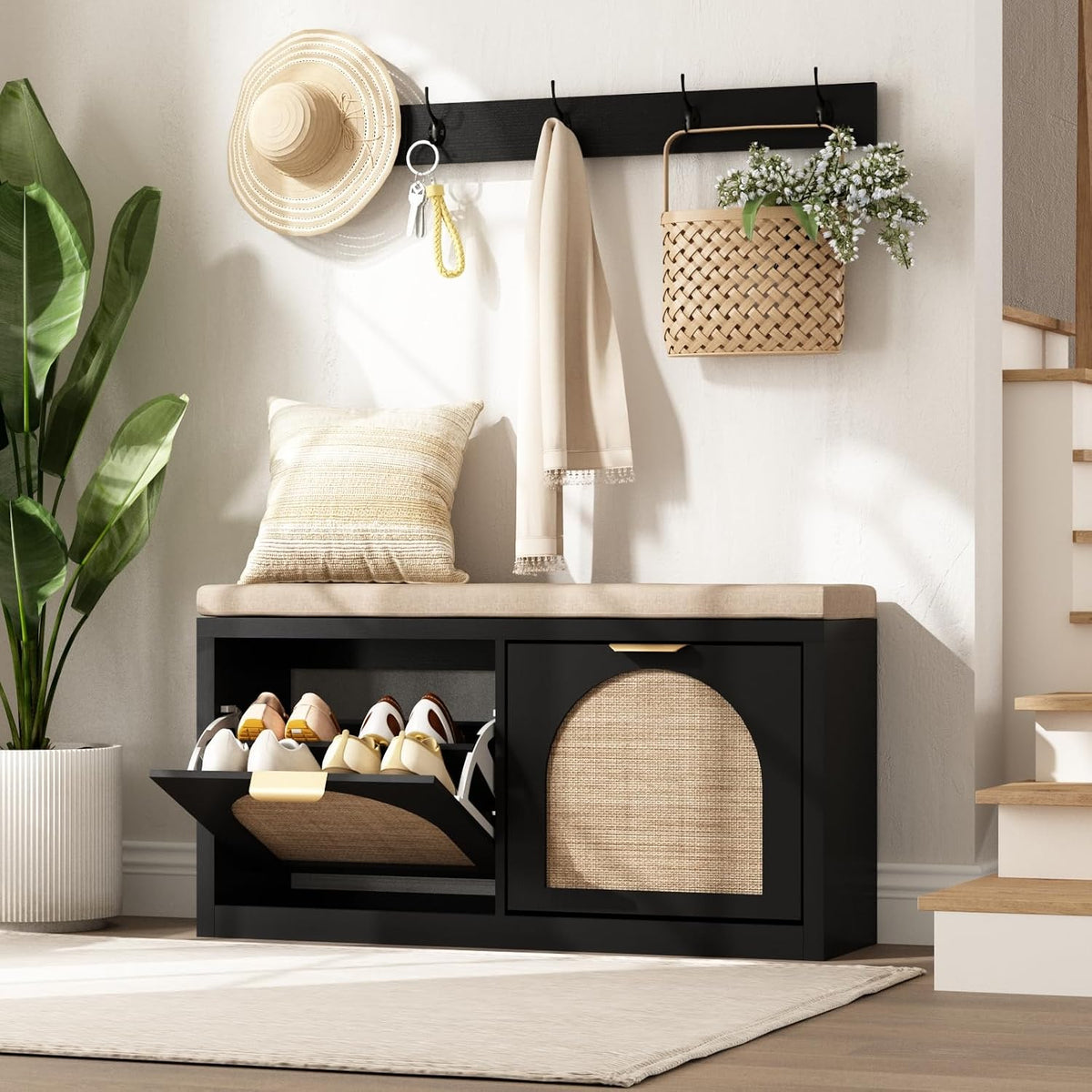 rattan narrow entryway bench with shoe storage, 2, main product view