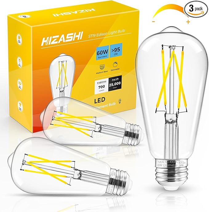 Hizashi E26 Edison Bulb 60 Watt LED, 4000K Dimmable Light Bulbs, ST19 Vintage by HIZASHI