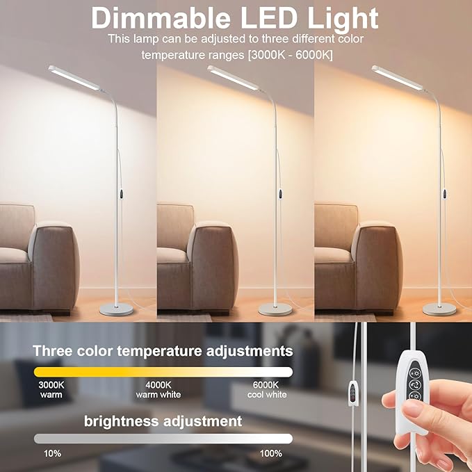 White LED Reading Floor Lamp, Bright 12W Dimmable Standing Light, Adjustable - Image 3