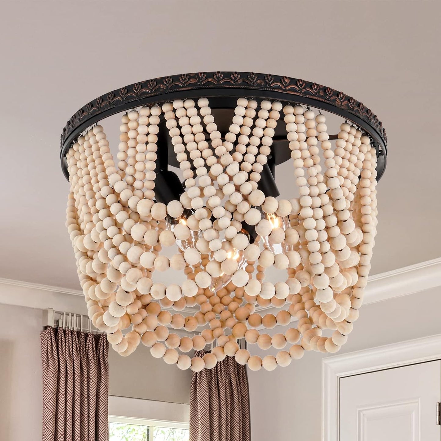 Boho Wood Beaded Chandelier, Bohemia 3 Lights Flush Mount Ceiling Light Fixtures with Engraving Pattern, Farmhouse Chandeliers for Living Room Passway Foyer Entryway Hallway Nursery, Oil Rubbed Bronze
