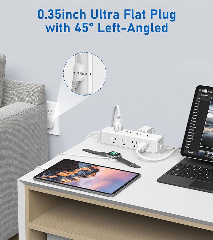 30W USB C Power Strip Surge Protector, Ultra Thin Flat Plug Power Strip 4 Side - Image 4