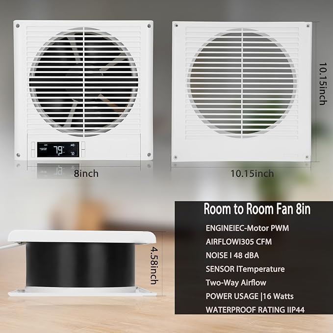 Qnemaei 8" Through Wall Fan 305 CFM, Room to Room Air Transfer Fan, Reversible - Image 7