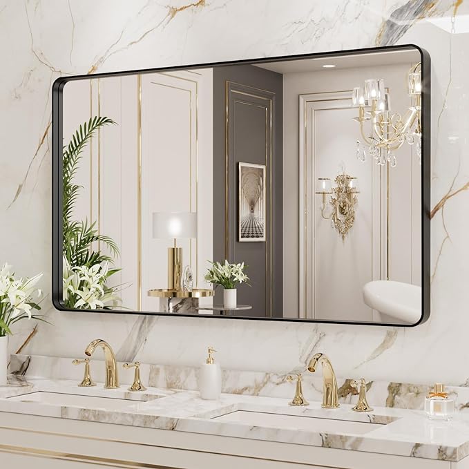 LOAAO 40X36 Inch Black Metal Framed Bathroom Mirror - Image 4