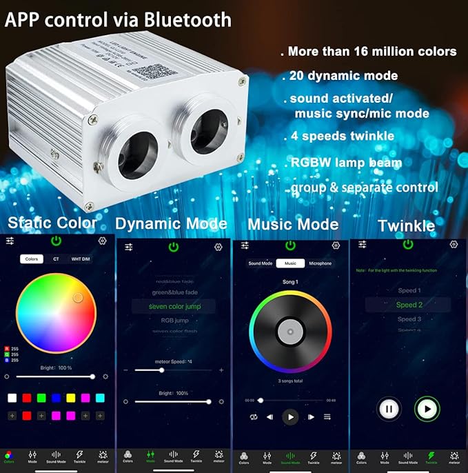 AZIMOM Dual Port 16W Twinkle Fiber Optic Starlight Box Sound Activated RGBW - Image 4