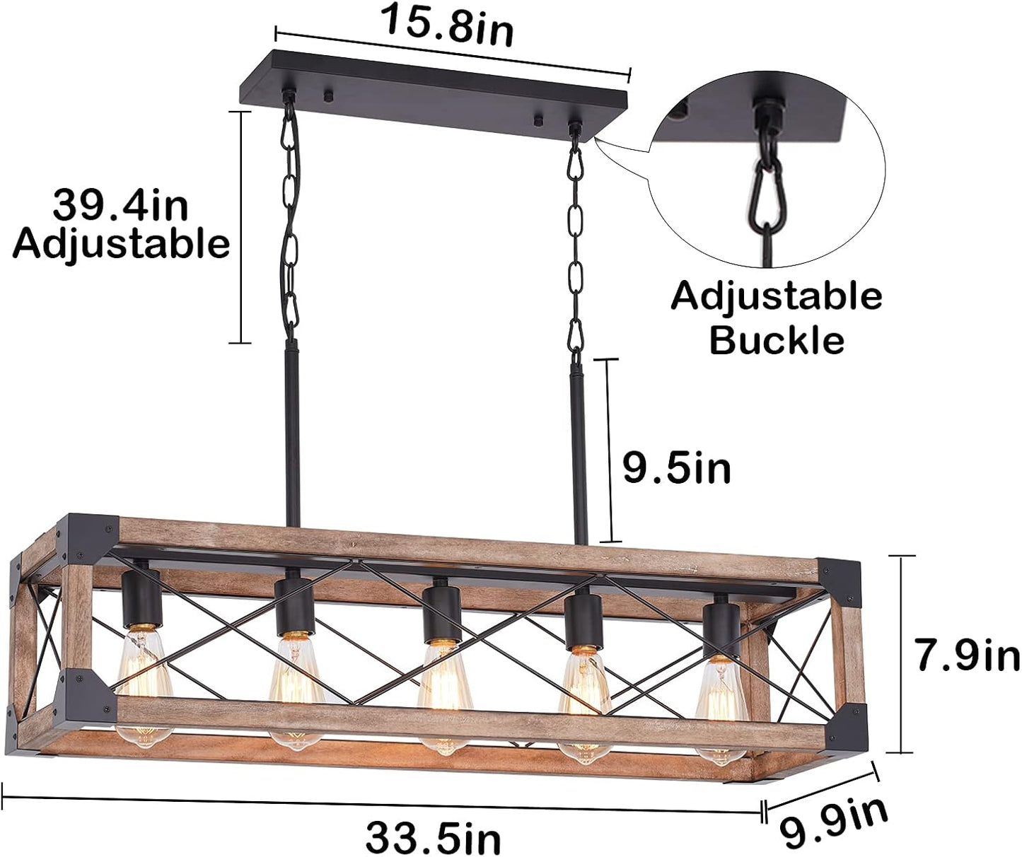 Kitchen Island Lighting, 33.5-Inch 5 Lights Farmhouse Linear Chandelier for Dining Room Pool Table Pendant Light Fixture, Rustic Wood Grain Finish, Industrial Pendant Light