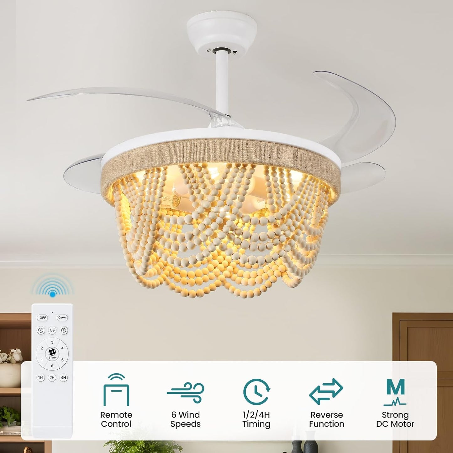 KAISITE Retractable Fandelier Ceiling Fan with Light 35" Boho Chandelier Ceiling Fan with Remote 6 Speeds Wood Beaded Semi-Flush Downrod Ceiling Fan Light for Bedroom Living Room